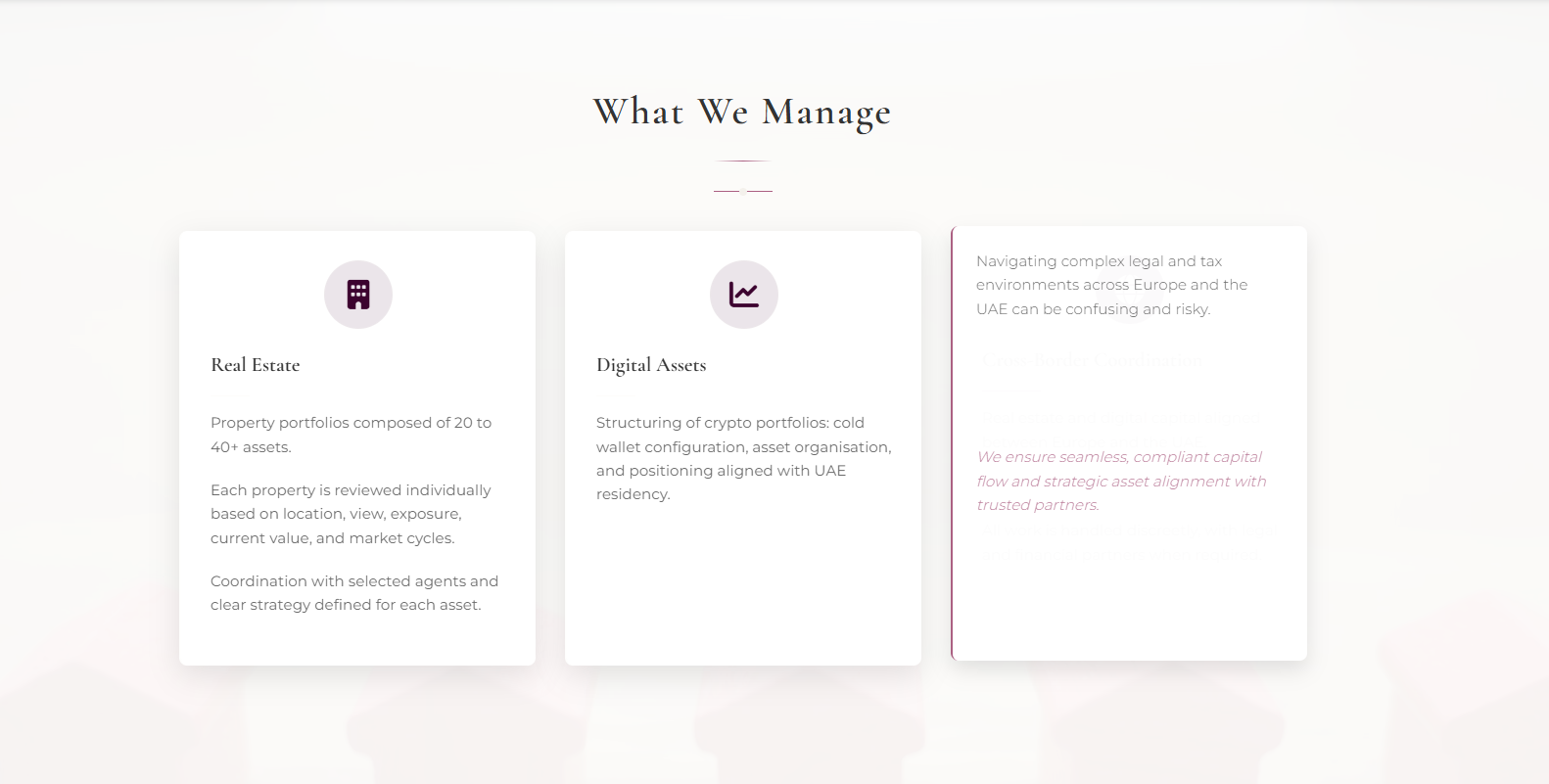 Section What We Manage avec cartes Real Estate et Digital Assets