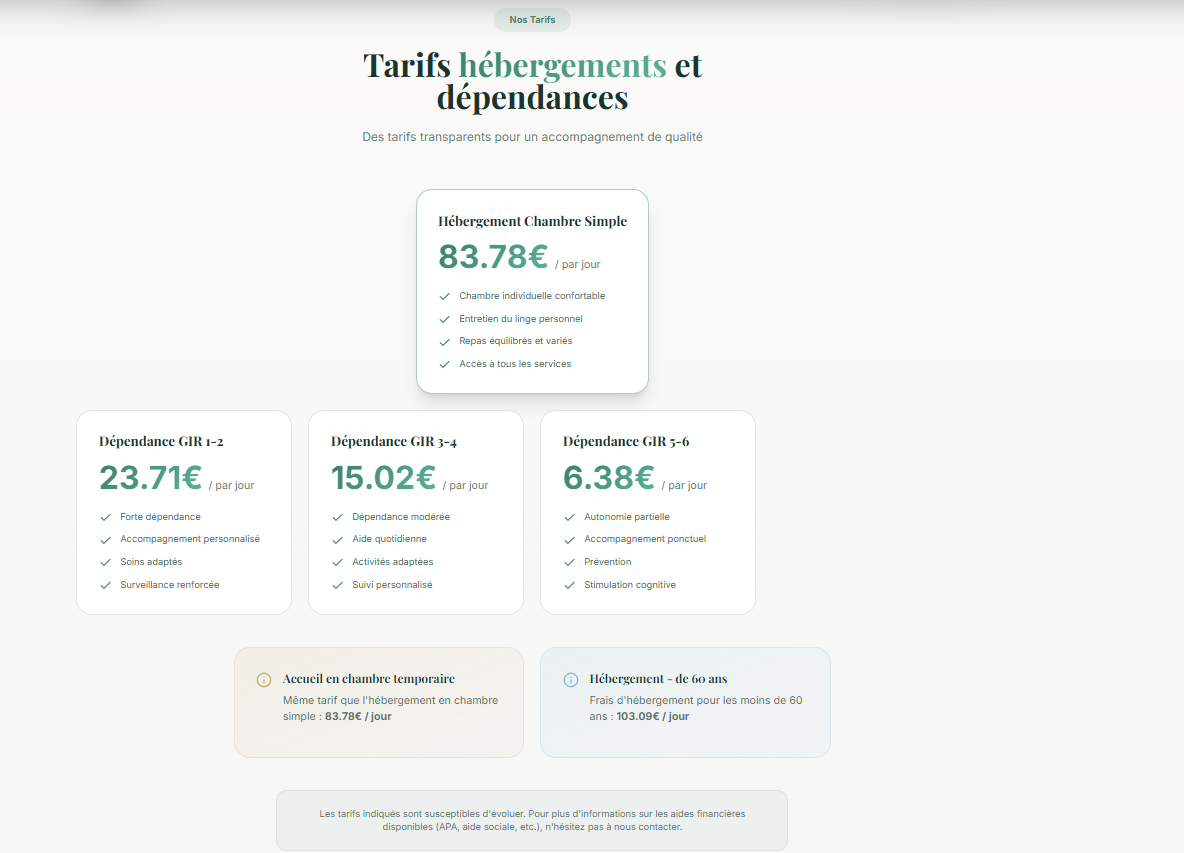 Tarifs - Hébergements et dépendances
