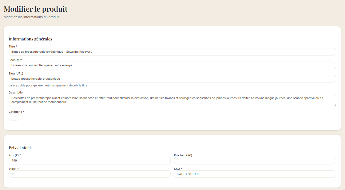 Édition produit Sowellbe